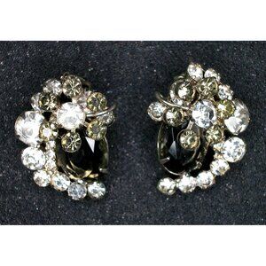 Verified DeLizza & Elster (D&E) Faux-Black Diamond /Clear Rhinestone Clip Earrin